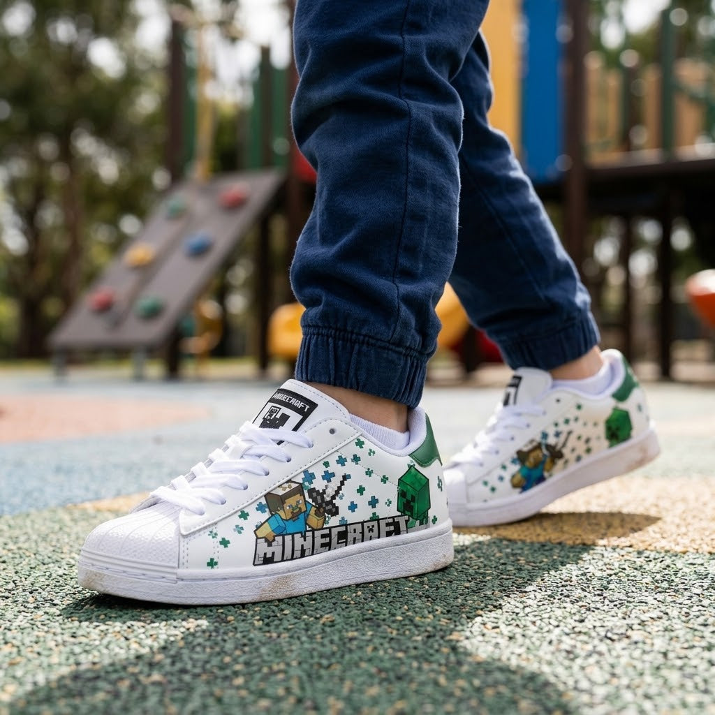 Superstar infantiles Minecraft blancos con detalles verdes