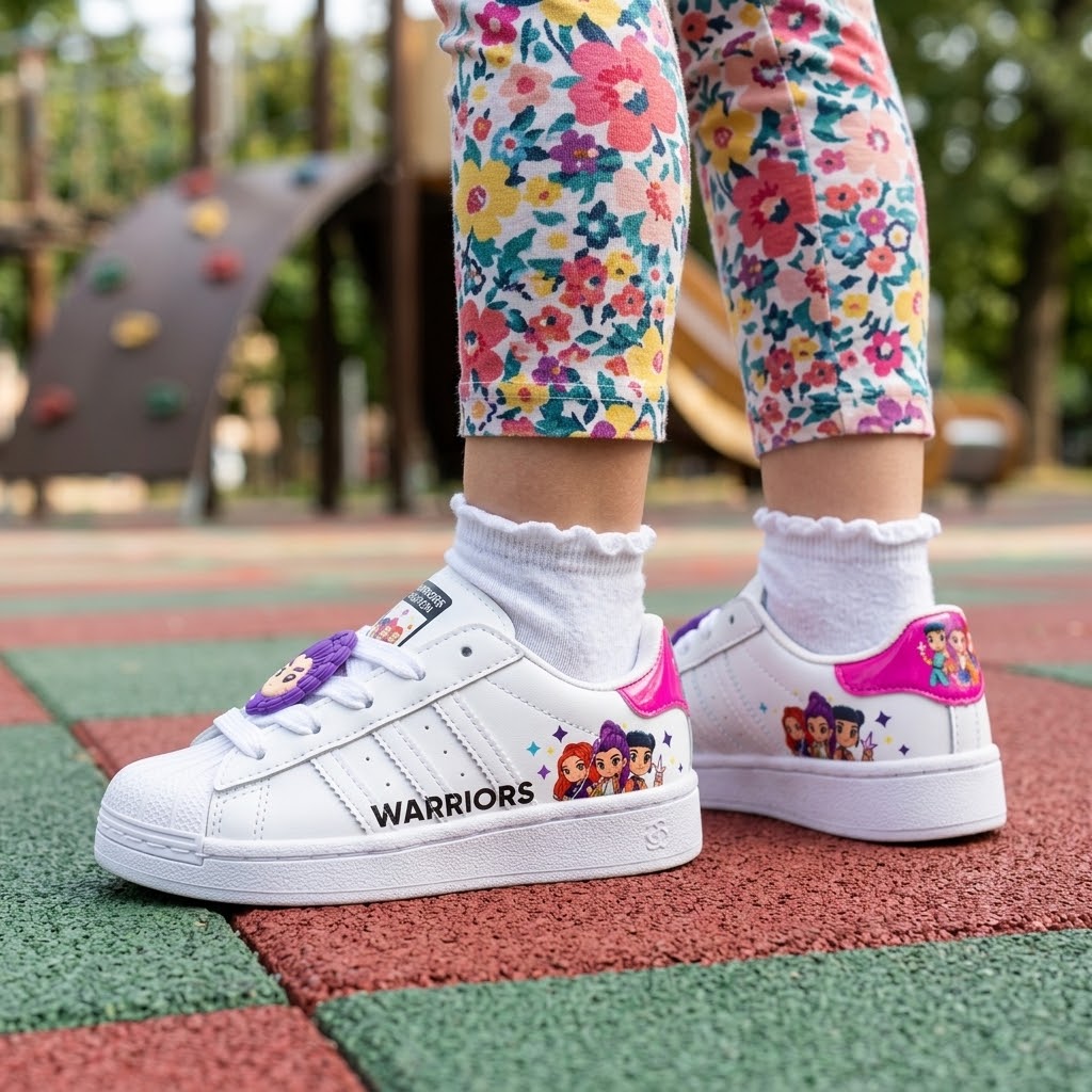 Superstar infantiles Warriors blancos con detalles fucsia